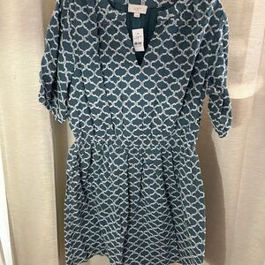 LOFT Teal and White Chain Pattern Dress